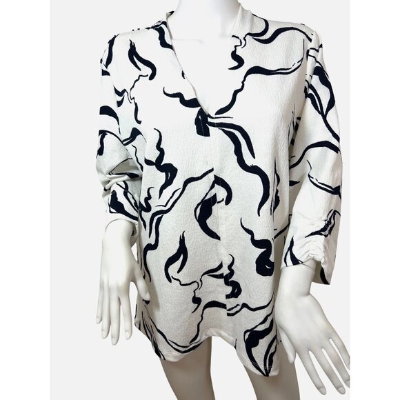 FDJ French Dressing Jeans Tunic Top XL White Navy Abstract Pattern Swirls Artsy - Picture 1 of 11
